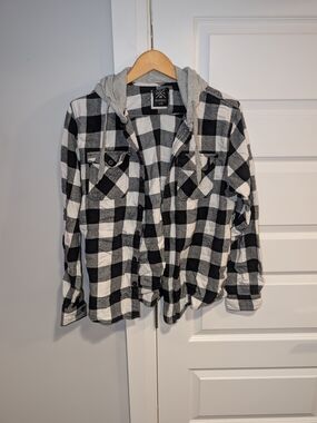 Black & White Plaid Hooded Jacket - Youth Large